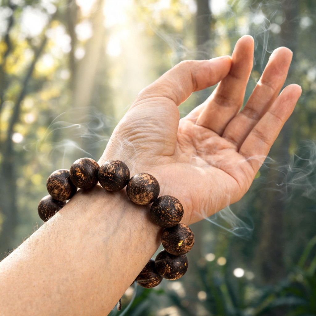 Premium wild agarwood bracelet worn outdoors, emphasizing authenticity and collector quality.