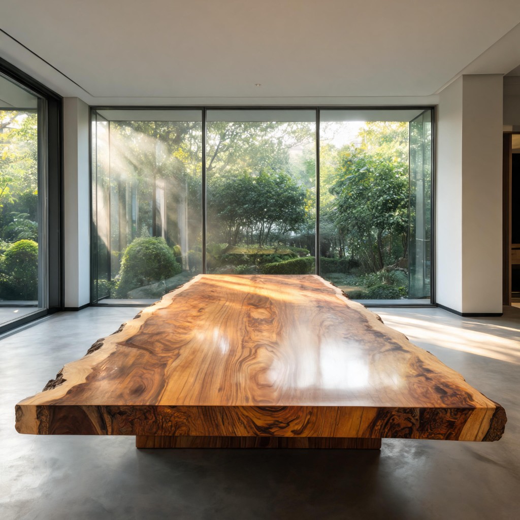 Single-slab Trembesi table with rich grain and live edge in a contemporary estate setting.